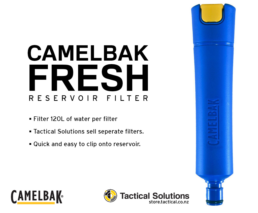 Camelbak graphic showing FRESH water filtration unit. Separate filters available from tactical Solutions.