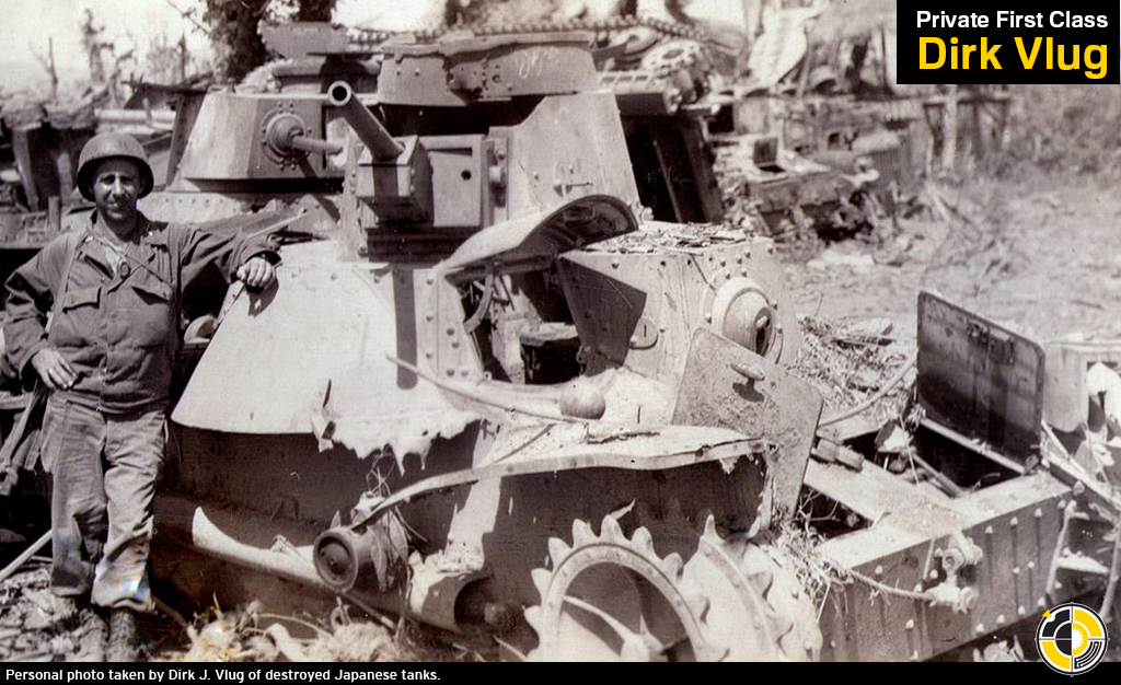 Tactical hero Dirk Vlug with one of the five tanks he destroyed on his own