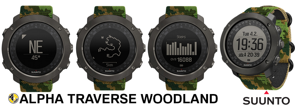 Suunto Traverse Alpha Woodland line up watch face range