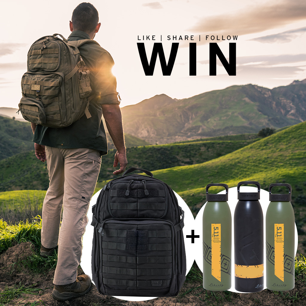 Win a 5.11 rush 25 balck backpack with three bottles for your friends. Check out our Facebook page on how to enter. 